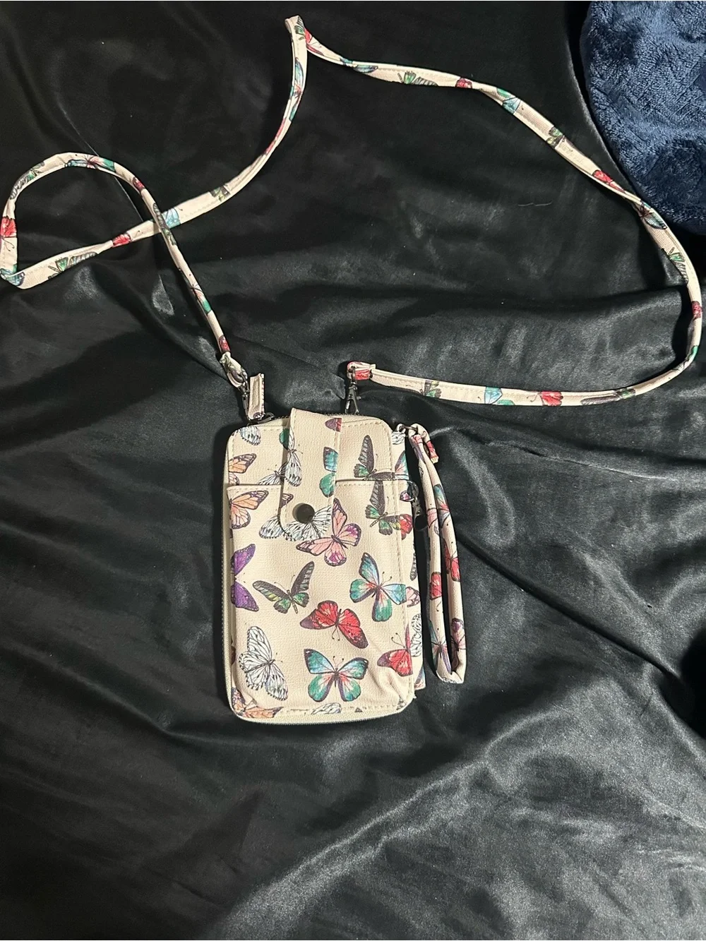 Butterfly Print Crossbody Phone Wallet - Cream